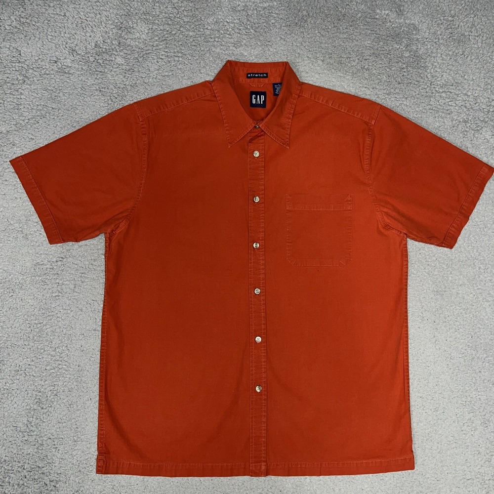 VTG Gap Shirt Men's Sz L Orange Stretch Short Sleeve Button Down Hong Kong Y2K